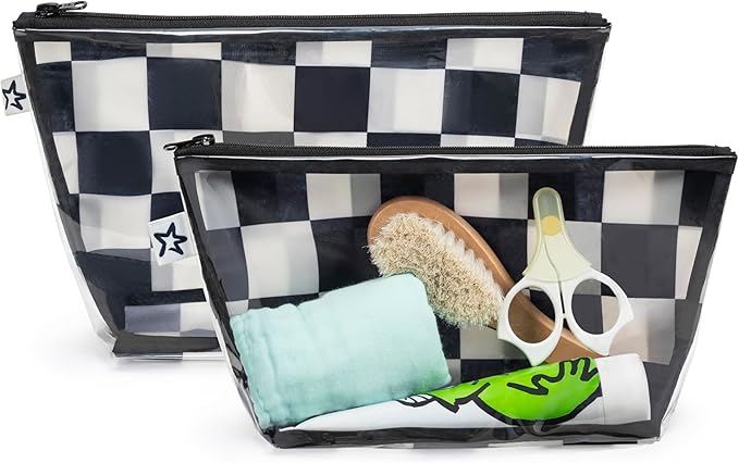 Tiny Twinkle Diaper Bag Organizing Pouches | 2 Pack Mess-Proof Travel Organizer Bags with Structured Bottom & Clear Front | TSA Approved Toiletry Bag Set for Baby and Mom Essentials (Black Checkers)