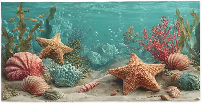 Seaweed Shells Starfish Beach Towel, Large Microfiber Quick Dry Lightweight Pool Bath Towels Sand Free Beach Blanket for Summer Cruise Yoga Camping Travel Vacation Essentials 31 x 61 in