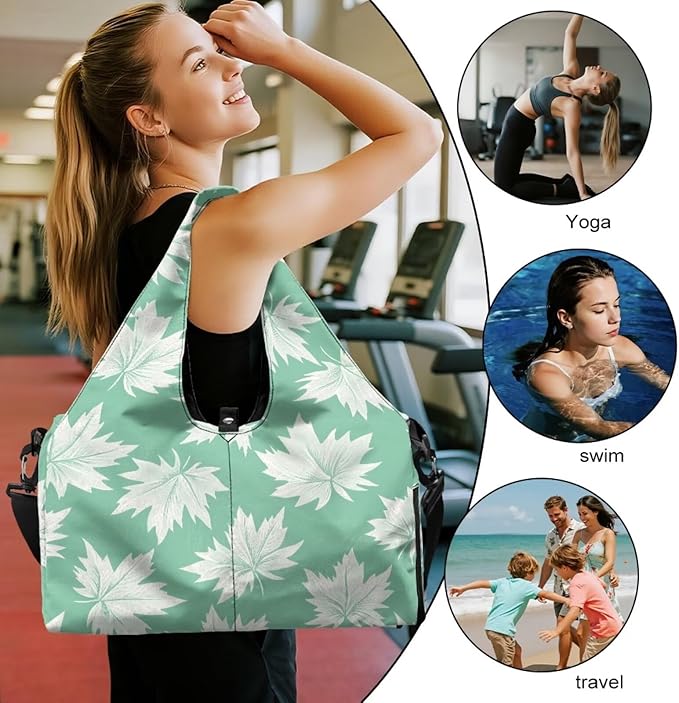 Maple Leaf Travel Duffel Bags for Women with Yoga Mat Strap, Lightweight Green Gym Bag with Shoe Compartment Wet Pocket Fitness Stylish Sport Tote Bag