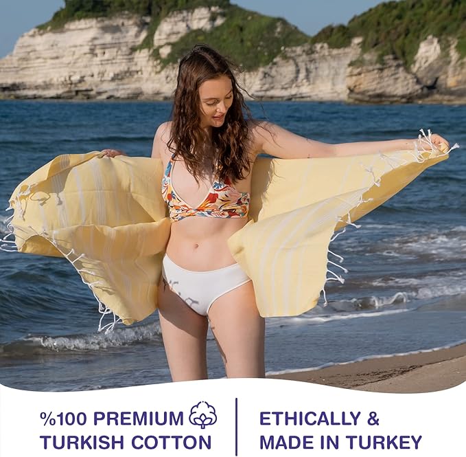 Turkish Beach Towels, Bulk Case of 36 | Oversized, Quick Dry, Sand Free | 100% Cotton, Large 38x71 Towels for Beach, Pool, Travel | Ultra-Soft, Compact, Absorbent | Yellow