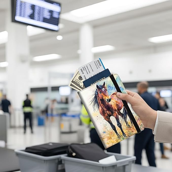 Passport Holder Wallet Cover Case,RFID Blocking Passport Cover,Large Capacity Travel Wallet with Multi Card Slots (Watercolor Horse)