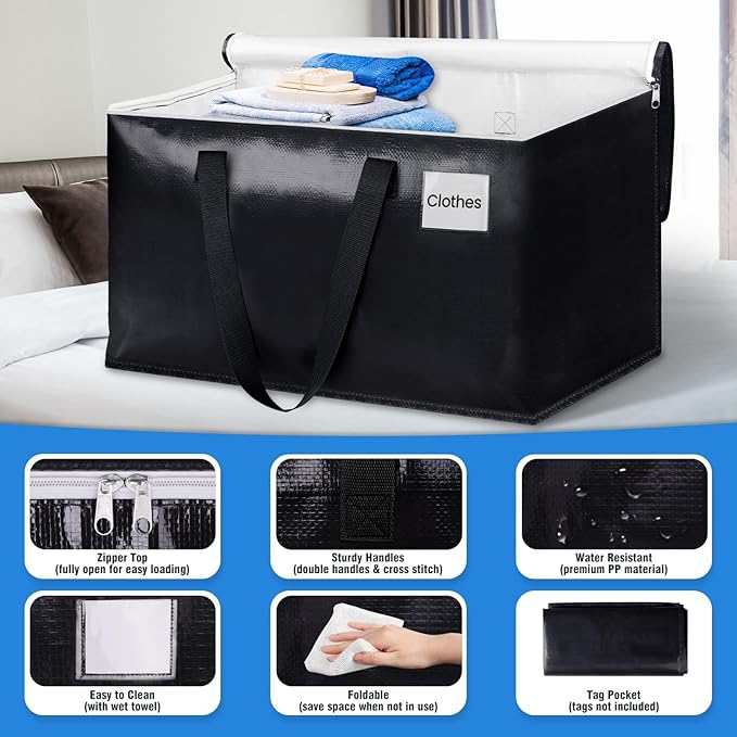BlissTotes Moving Bags, Heavy Duty Moving Boxes with Zippers Top and Sturdy Handles, Storage Bags for Space Saving and Packing, Collapsible Moving Supplies, Storage Totes (125L, 4-Pack, Black)