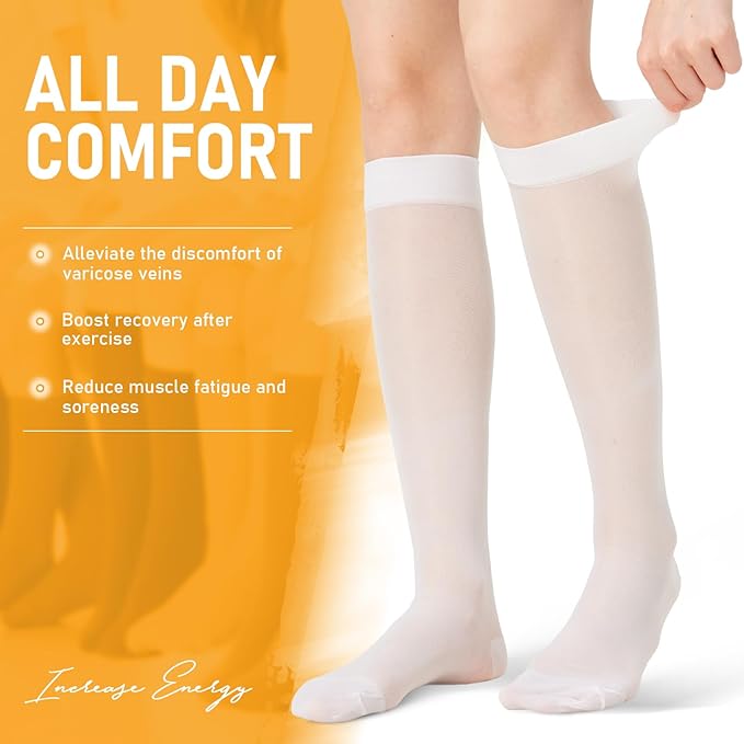 2 Pairs Sheer Compression Socks for Women - 15-20 mmHg Knee High Sheer Compression Stockings for Support Circulation Swelling Edema Work Office Travel, White, Medium