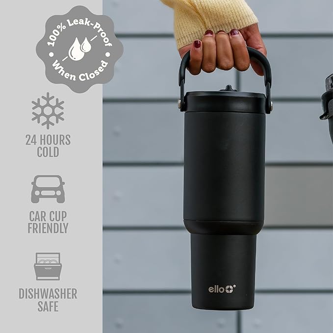 Ello Oasis Go+ 26oz Tumbler with Top Handle and Retracting Straw | Reusable Insulated Stainless Steel Cup, 100% Leakproof Water Bottle, 24 Hours Cold, Cup Holder Friendly For Travel | Black