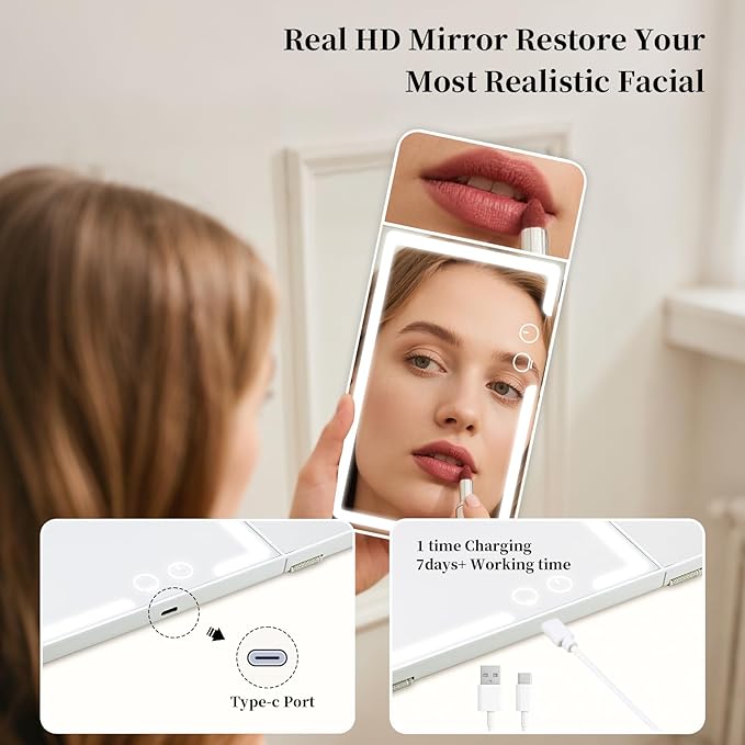 Car sun visor makeup mirror, equipped with 3x magnifying glass and three-color adjustable brightness soft light mirror, rechargeable, suitable for all models (Black)