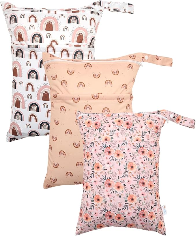 Wet Dry Bag Reusable Waterproof Swimming Bag Travel Beach Pool Yoga Gym Bag for Baby Cloth Diaper Swimsuits Wet Clothes Two Zipper Pockets 3 Pack Rainbow Orange Flower 3L04