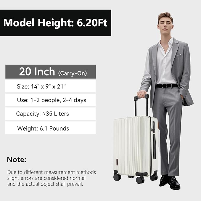 Carry On Luggage with TSA Lock, Carry on Suitcase 22x14x9 Airline Approved, Carry-on luggage with 360° Spinner Wheels, Hardside 20 Inch Lightweight Hard Shell Suitcase (White, 20-Inch)