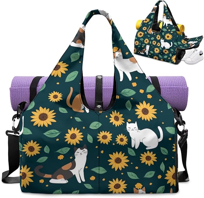 Cute Cat Workout Bag for Women with Yoga Mat Holder and Shoe Compartment Sunflower Gym Bag Water Resistant Gym Duffel for Swimming, Stylish Fitness Green Duffel Bag