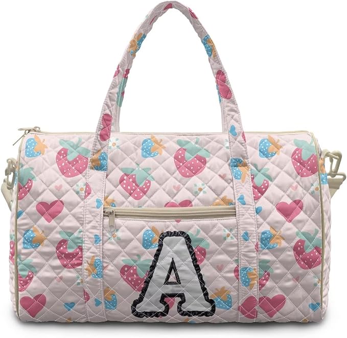 COEQINE Print Quilted Travel Duffle Bag For Women Travel Pink Heart Initial Name A-Z Personal Item Travel Bag with Shoulder Strap and Trolley Sleeve Large Packable Travel Bag