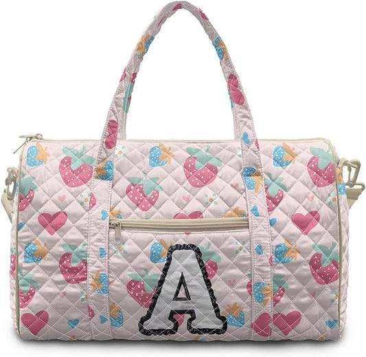 COEQINE Print Quilted Travel Duffle Bag For Women Travel Pink Heart Initial Name A-Z Personal Item Travel Bag with Shoulder Strap and Trolley Sleeve Large Packable Travel Bag