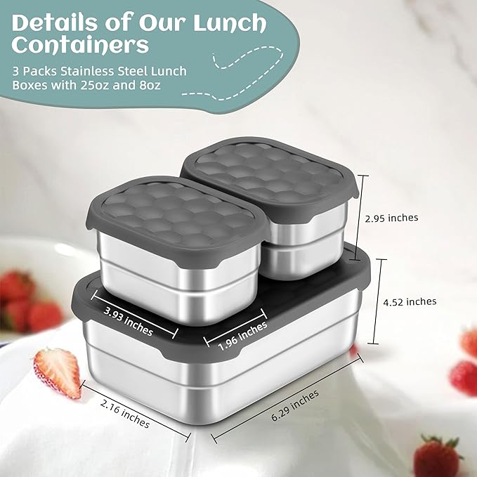 HaWare 8oz*2+25oz Stainless Steel Lunch Box for Kids, Leak Proof Lunch Containers with Silicone Lids, Easy Open Food Storage Container for School and Daycare, Portable Metal Bento Box, Dishwasher Safe