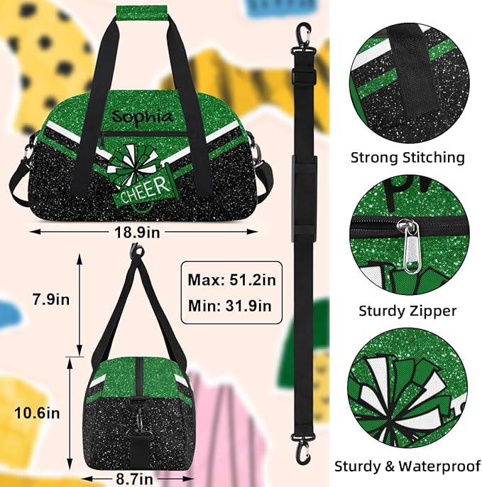 Personalized Green Glitter Cheer Bag for Cheerleaders, Custom Sport Gym Bag Dance Bag Travel Duffle Bag Cheerleading Gifts for Women