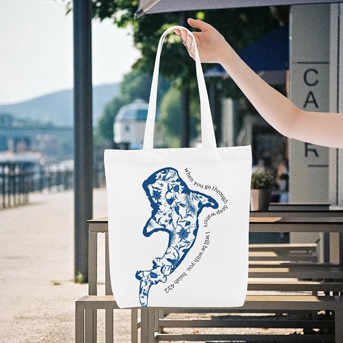 Floral Beach Whale Shark Gifts Jellyfish Christian Canvas Tote Bag for Work Totes for Women Christmas Bible
