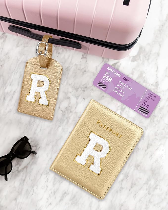 Slohif Passport Holder Initial Lugguage Tag Set Suitcase Cover Wallet Case for Travel Women - Leather Letter Passport Book Personalized Organizer Card Protector Sleeve Essentials Slim Carrier Gold R