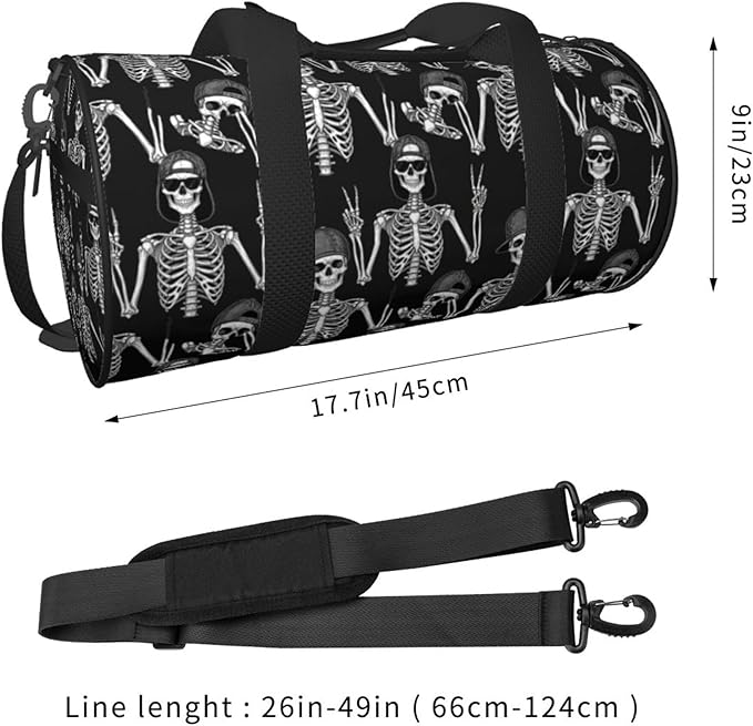 Gym Bag Funny Human Skeleton Skull Waterproof Round Cylinder Carry On Overnight Bag with Adjustable & Removable Shoulder Strap for Travel Sport Camping