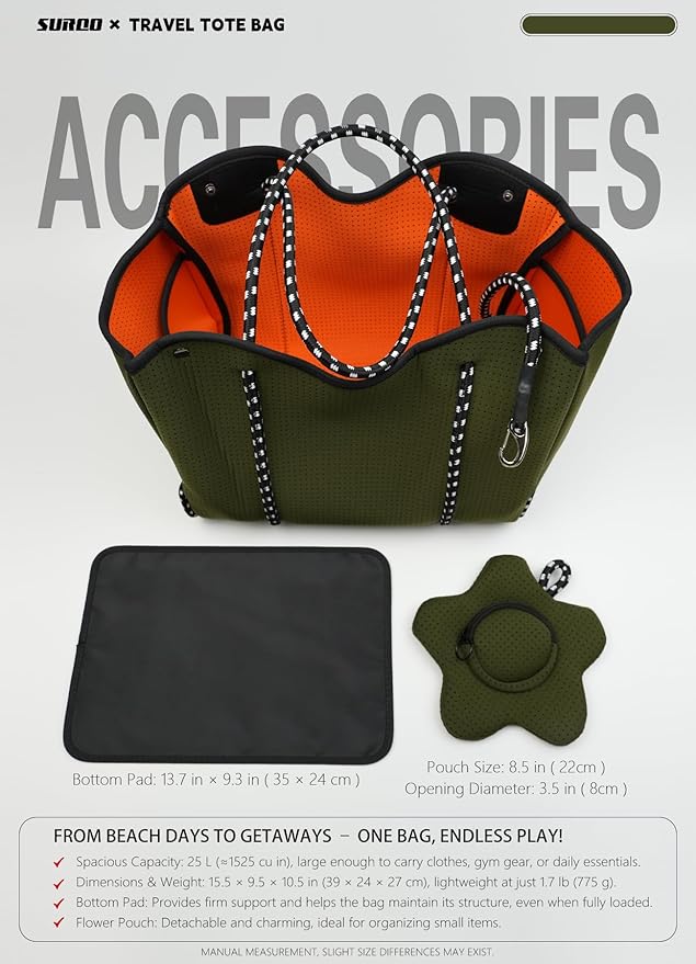 Neoprene Tote Bag for Women, Large Travel Beach Bag with Detachable Pouch, Stylish Lightweight Everyday Carryall