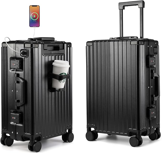 Hard Shell Carry On Luggage 22x14x9 Airline Approved,20 Inch Aluminum Luggage with 100% 3-Layer PC,Carry On Suitcases with Wheels,Cup Holder and USB Port (Classic Black, 20 inch)