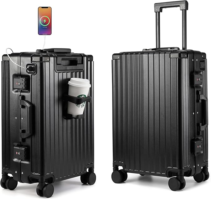 MYER Hard Case 24 Inch Checked Luggage with Spinner Wheels,Aluminum Luggage with 100% 3-Layer PC,Hard Shell Suitcases with Wheels,Cup Holder and USB Port (Classic Black, 24 inch)