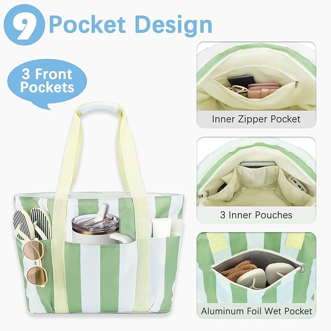 Fammart Waterproof Beach Bag for Women with Wet Pocket, Beach Tote Compatible with Stanley Cup for Pool Travel Cruise