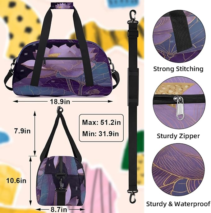 Kids Duffle Bag Girls Boys Bohemian Purple Lotus Floral Weekender Overnight Bag,Lightweight Duffel Bags for Traveling Gym Sport Dance