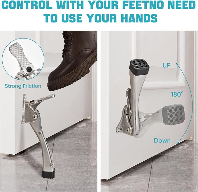 Kickdown Door Stopper 4 Inches - 2 Packs Door Stoppers for Bottom of Door One Touch Adjustable Door Stop，Made of Aluminum Alloy Metal Door Stops to Keep Door Open with Rubber Tip Satin Nickel