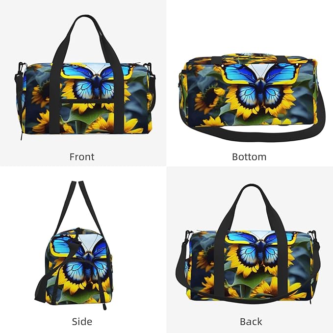 Sunflower Blue Butterfly Print Gym Bag with Shoe Compartment for Women Men, 17.7in Sports Duffle Weekender Tote, Overnight Travel Duffel Bag Carry On