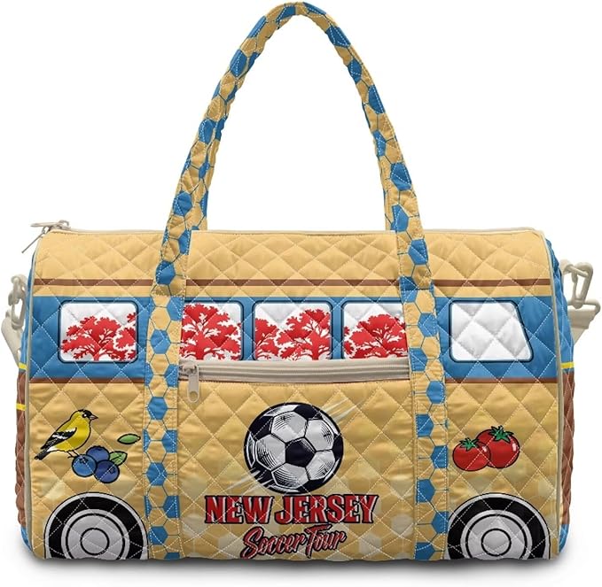COEQINE Quilted Duffle Bag For Men Travel Quilted Tote Bag Large Car New Jersey Van Car on Yellow Print Overnight Luggage Bag with Trolley Sleeve