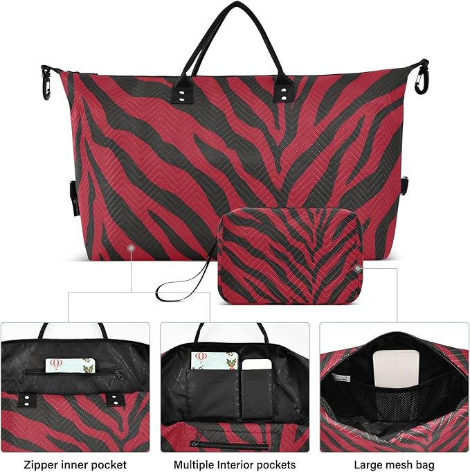 Travel Duffle Bag, Red Black Tiger Stripes Pattern Gym Bag with Storage Bag Weekender Overnight Bag for Men Women Trip Sports Yoga