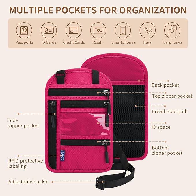 Passport Holder for Travel, RFID Travel Pouch Neck Wallet, Waterproof Passport Wallet for Women and Men, Rose
