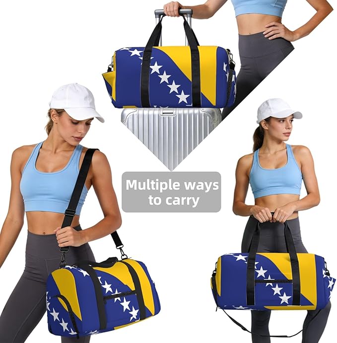 Bosnia and Herzegovina flag Print Gym Bag with Shoe Compartment for Women Men, 17.7in Sports Duffle Weekender Tote, Overnight Travel Duffel Bag Carry On