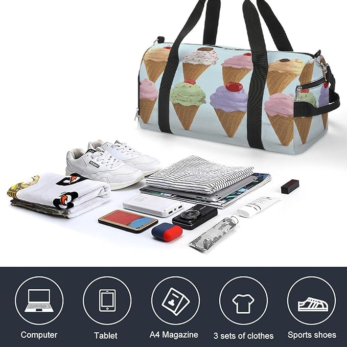 Oxford Cloth Ice Cream Cones Gym Bag,Duffle Bag with Shoes Compartment And Adjustable Shoulder Straps，Weekender Bags for Men Women.