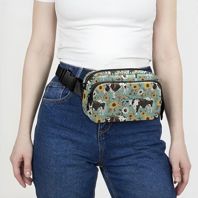 Kawaii Cow Sunflower Fanny Pack for Women Men Water Resistant Fashion Waist Packs with Adjustable Strap Belt Bag for Travel Workout Jogging Hiking 21220220