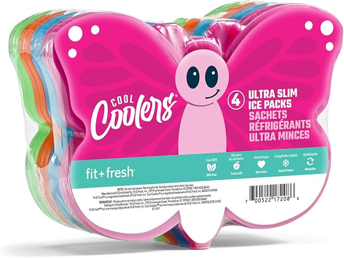 Cool Coolers Kids Lunch Box Ice Packs, Slim Ice Packs for Lunch Bags, Lunch Ice Packs ReusableMulticolored 4 Pack (Butterfly)
