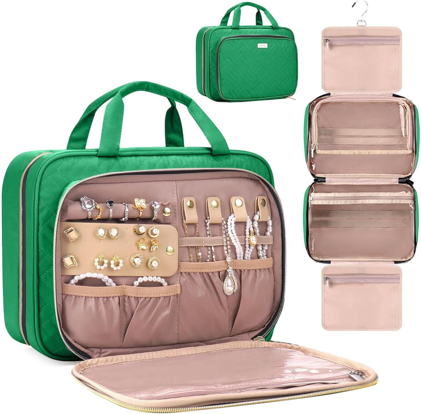 Toiletry Bag for Women with Jewelry Organizer Compartment, Travel Makeup Cosmetic Bag with Hanging Hook for Full-sized Toiletries, Shampoo - Green