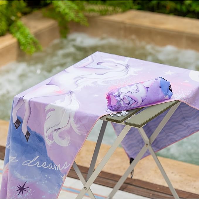 Kids Beach Towel – Quick-Dry Microfiber Pool Towel, Thin, Sand-Free, Perfect for Camping, Travel, Summer Camp, Cruise Essentials – Unicorn, Purple, 30" x 60"