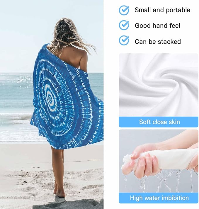 Blue Gradient Beach Towel 35" x 71" Abstract Tie-Dye Art Quick Dry Sand Free Pool Towels Soft & Absorbent Compact Towels Beach Accessories for Travel Bathroom Swimming Pool