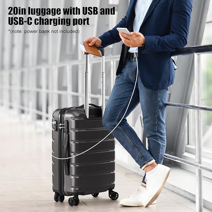 Coolife Luggage 3 Piece Set Suitcase Spinner ABS+PC Hardshell Lightweight TSA Lock USB Port, 20in 24in 28in Carry on Expandable (only 28’’), Gray