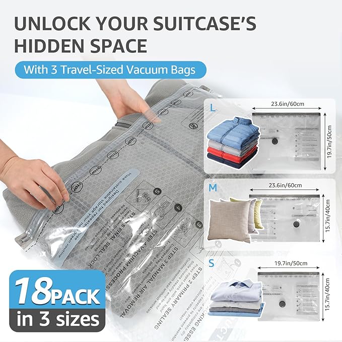 Vacuum Bags for Travel with Rechargeable Pump, 3 Sizes Vacuum Seal Bags for Clothing, Compression Vacuum Travel Bags for Luggage, Vacuum Packing Bags for Closet Organization (18)