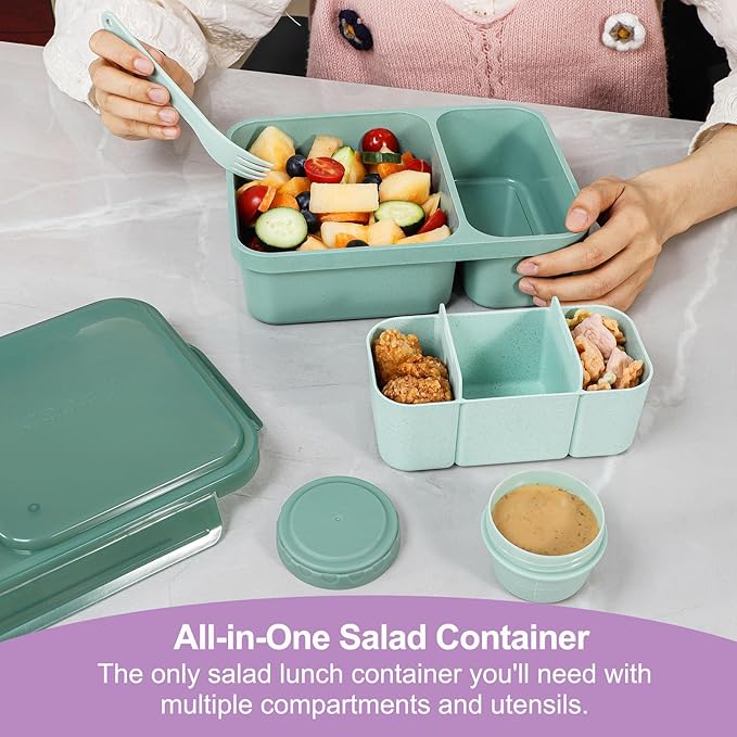 Caperci 2 Pack Salad Container for Lunch - 62 oz Large Bento Lunch Box for Adults, 2-Compartment Meal Prep Container with Removable Toppings Tray, Sauce Cup, Reusable Fork, BPA-Free (Purple & Green)