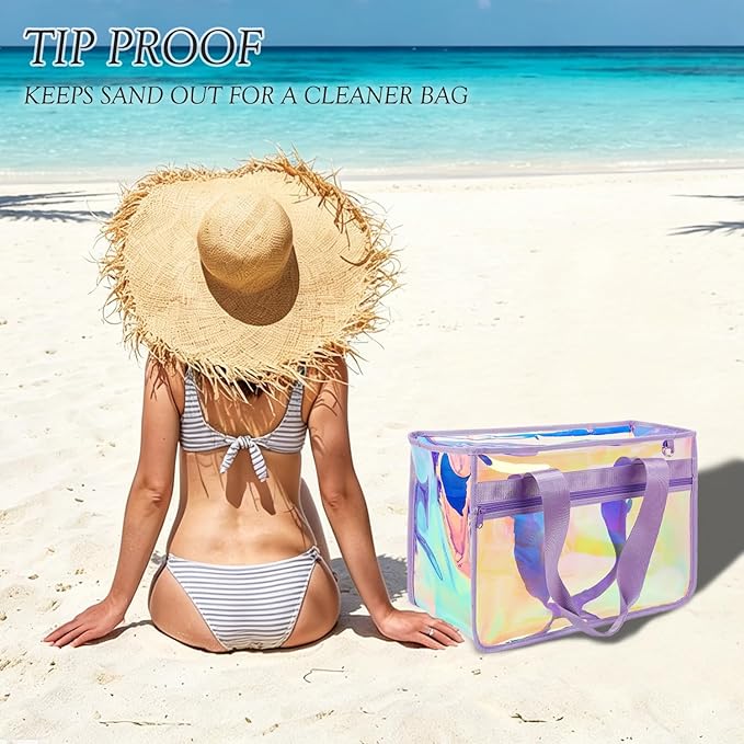 Fammart Iridescent Clear Beach Bags Waterproof Sandproof for Women, Large Jelly Tote Zipper Pool Bag Cruise Essentials 2026