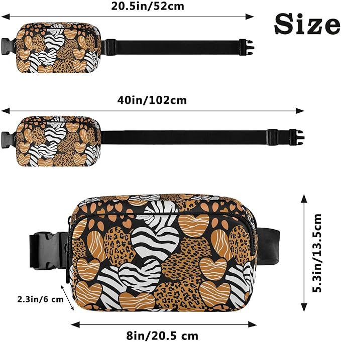 Leopard Zebra Print Heart Fanny Pack for Women Men Water Resistant Fashion Waist Packs with Adjustable Strap Belt Bag for Travel Workout Jogging Hiking 21219451