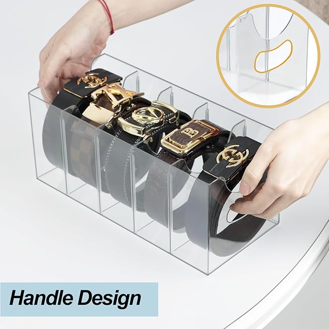 Acrylic Belt Organizer, Belt Storage Holder Purse Organizer for Closet, 5 Compartments Clear Plastic Display Case Pantry Kitchen Cabinet Organizers and Storage Seasoning Organizer