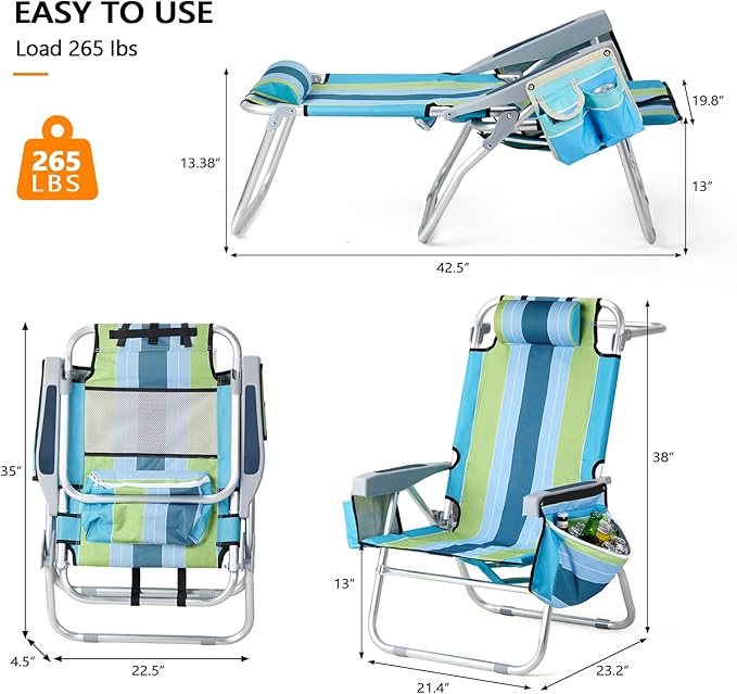 VINGLI Backpack Beach Chair 2 Pack, with 5-Position, Cup Holders, Cooler Bag, Towel Bar, Lightweight Folding Beach Camping Chairs for Adults（Blue/Green-13