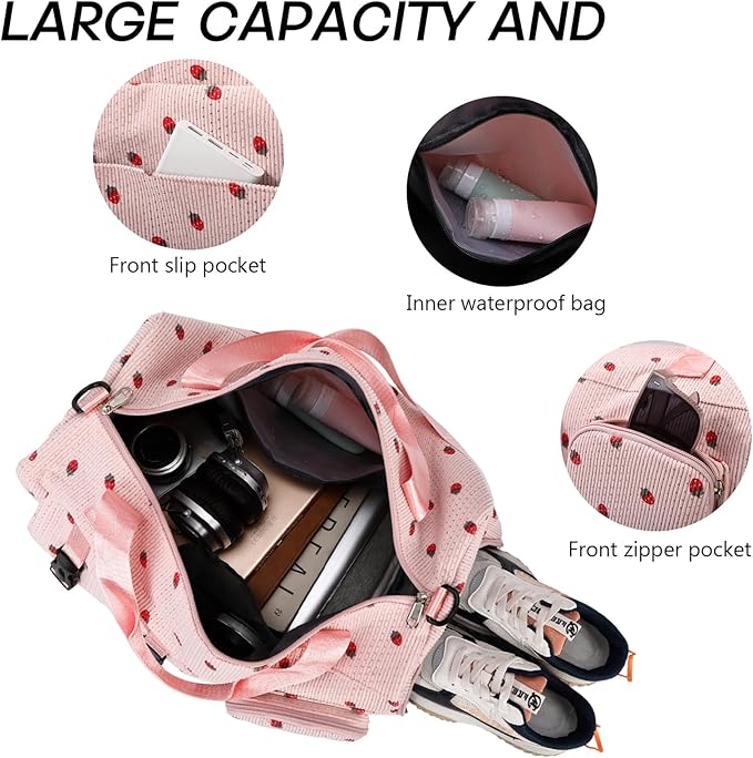 MYHOZEE Strawberry Corduroy Duffel Bag for Women, Gym Bag with Shoe Compartment & Wet Dry Pocket, Lightweight Travel Bag with Adjustable Strap, Sports Weekender Overnight Bag for Work Swimming Yoga