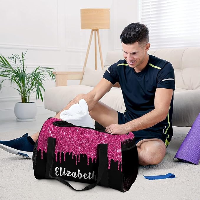 Personalized Name Travel Bag Sports Player Duffel Bags Pink Fuchsia Sequin Glitter Print Perform Training Bag for Men Women Adjustable Shoulder Strap
