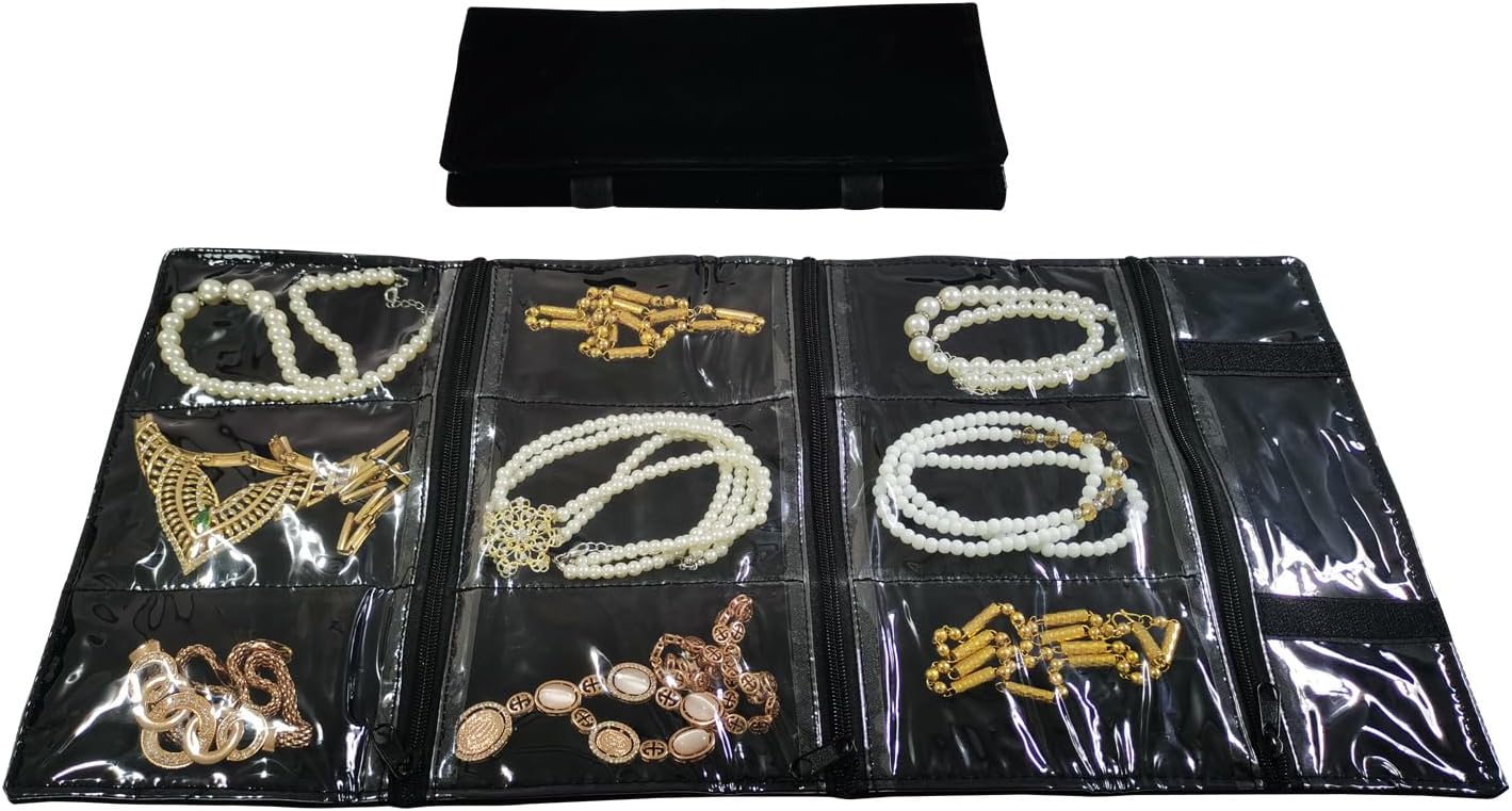 Travel Jewelry Roll Bag Portable Organizer Pouch With Grids&PVC Cover Storage Bags for Necklace, Bracelet, Bracelet,Ring, Badge, Pendant