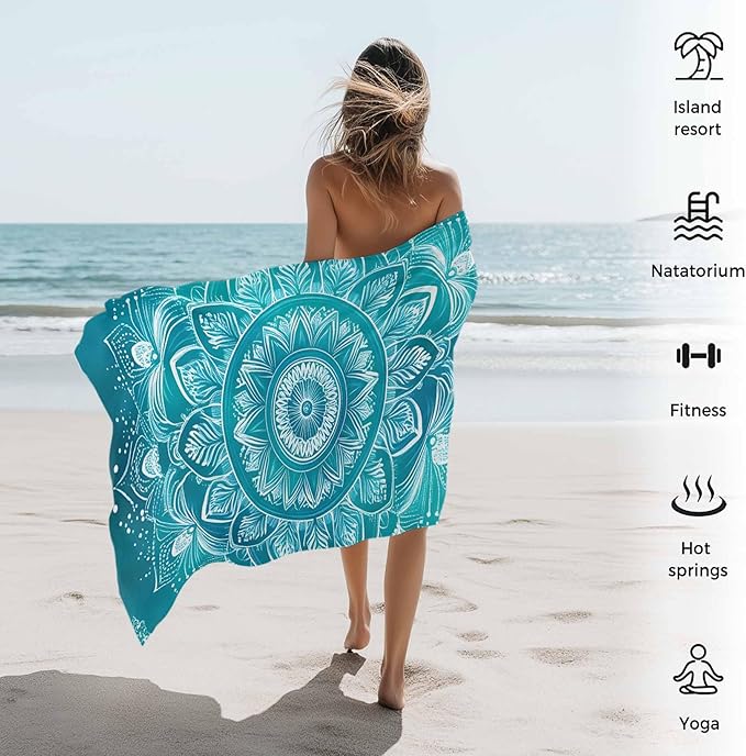 White Mandala Pattern Beach Towel 35" x 71" Teal Green Abstract Art Quick Dry Sand Free Pool Towels Soft & Absorbent Compact Towels Beach Accessories for Travel Bathroom Swimming Pool