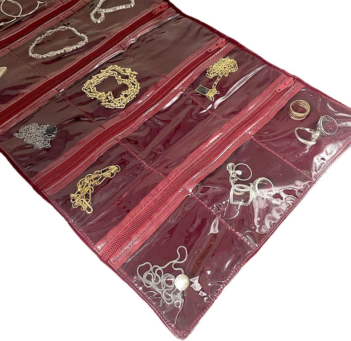 Travel Jewelry Roll Bag Portable Organizer Pouch With Grids&PVC Cover Storage Bags for Necklace, Bracelet, Bracelet,Ring, Badge, Pendant