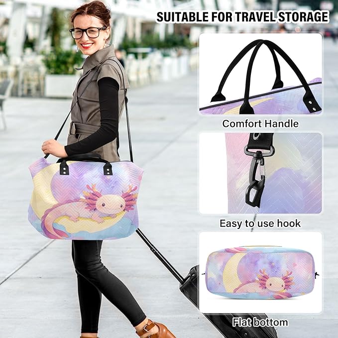 Travel Duffle Bag, Moon Axolotl Gym Bag with Storage Bag Weekender Overnight Bag for Men Women Trip Sports Yoga