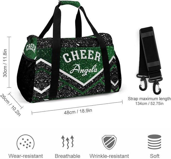Personalized Green Cheerleader Black Sequin Print Duffle Bag with Name for Women Man Custom Multifunctional Travel Perform Training Bag Luggage Bag
